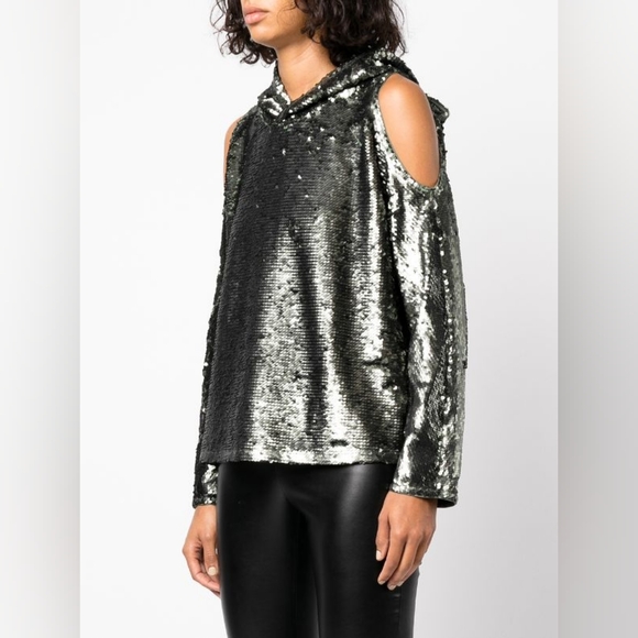 Sz XS NWT $895 RtA hooded open shoulder sequined top - Picture 6 of 9